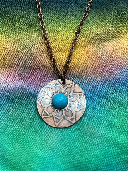 Etched Copper and Turquoise Pendant